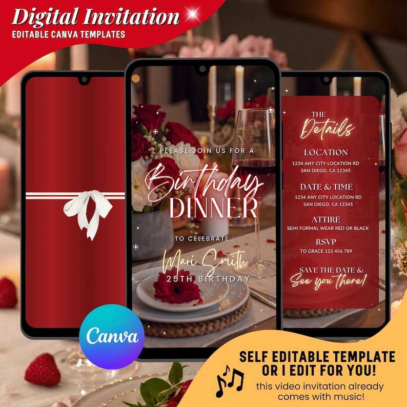 May include: Digital invitation template for a birthday dinner, featuring a red and white design. The invitation includes details like location, date, time, attire, and RSVP information. The design is editable in Canva.