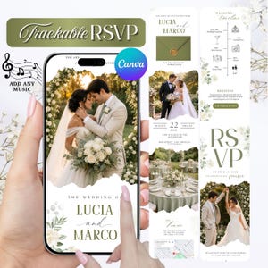 May include: A digital wedding invitation template displayed on a smartphone screen, featuring photos of a couple, floral accents, and text including "The Wedding of Lucia and Marco," "Trackable RSVP," and "Wedding Timeline" with event details.