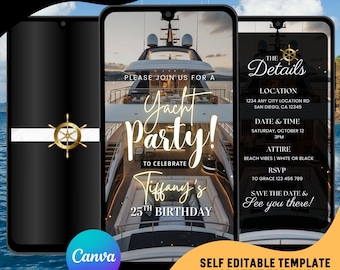 Può includere: Modello di invito digitale per una festa in yacht, visualizzato su tre smartphone. Il design presenta un'immagine di yacht, dettagli dorati e dettagli dell'evento. Il testo include "Yacht Party!" e "25° compleanno di Tiffany."