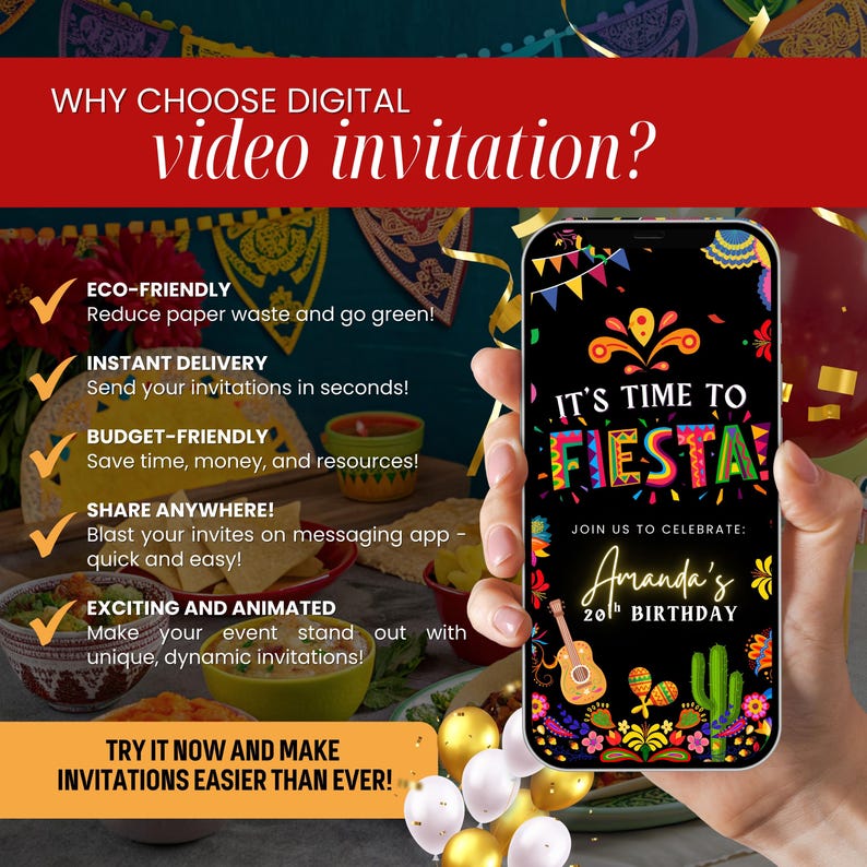 Puede incluir: Un tel&eacute;fono inteligente muestra una invitaci&oacute;n digital con el texto "It's Time to Fiesta!" para el 20 cumplea&ntilde;os de Amanda. La invitaci&oacute;n presenta gr&aacute;ficos coloridos de una guitarra, cactus y maracas. El fondo incluye globos y texto sobre invitaciones digitales.