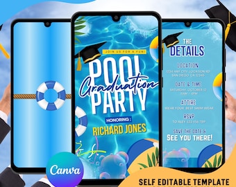May include: Digital invitation template for a pool graduation party. The design features a blue pool background with text that reads "Pool Graduation Party" and details for the event. The invitation is self-editable or can be edited by the seller.