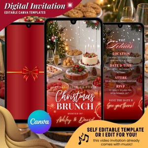 May include: Digital invitation template for a Christmas brunch, featuring a festive design with a red background and gold accents. The invitation includes details like date, time, location, and RSVP information. The text reads "Christmas Brunch".