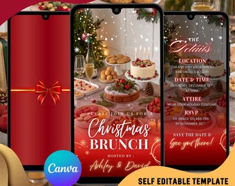 Peut inclure: Modèle d'invitation numérique pour un brunch de Noël, avec un design festif sur fond rouge et des accents dorés. L'invitation comprend des détails tels que la date, l'heure, le lieu et les informations RSVP. Le texte dit "Christmas Brunch".