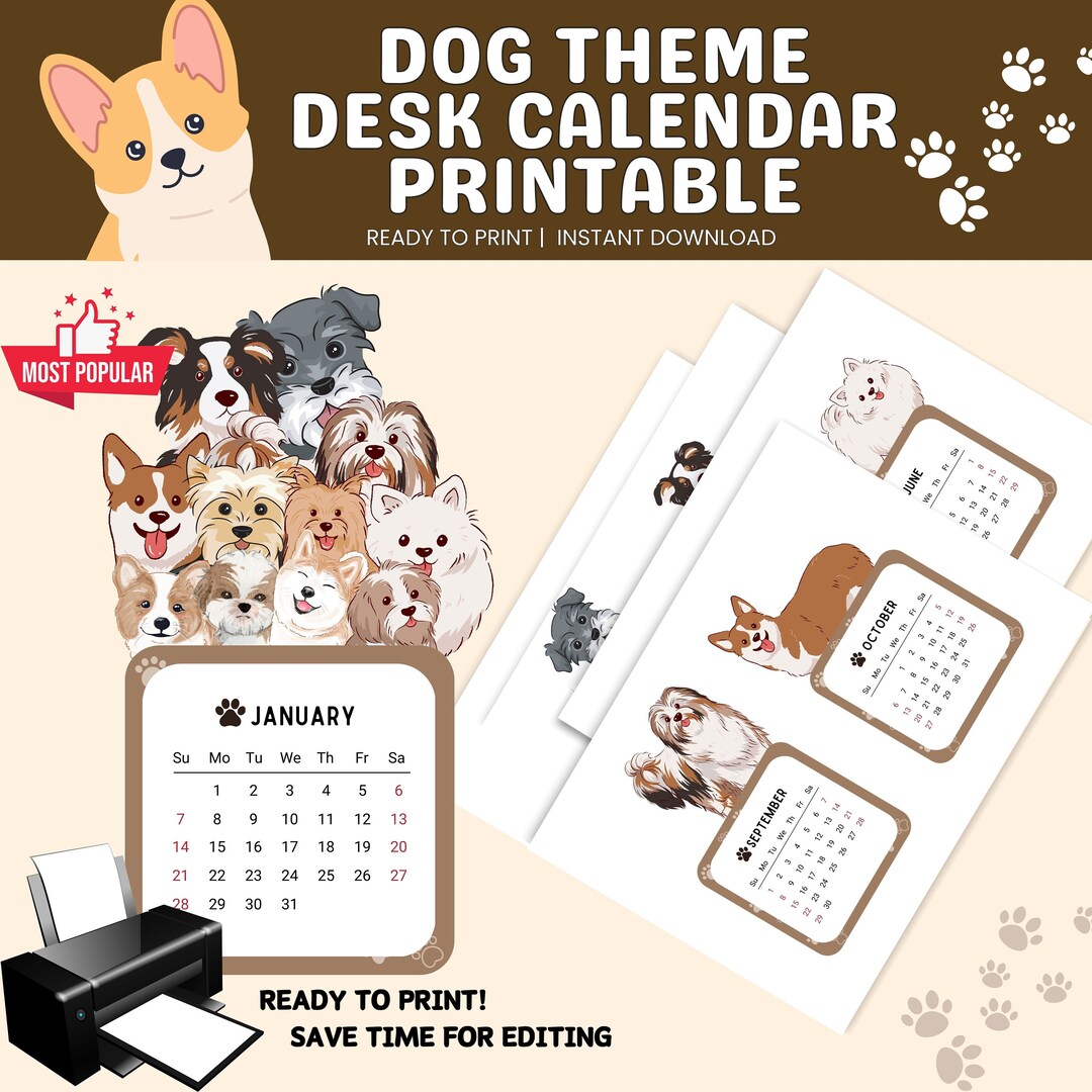 Calendario da tavolo per cani 2024 stampabile, calendario 2024, Mini