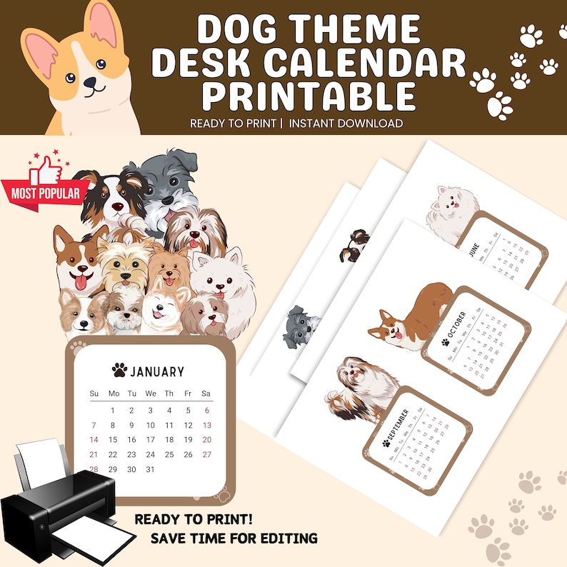 2024 Dog Desk Calendar Printable, 2024 Calendar, Mini Calendar
