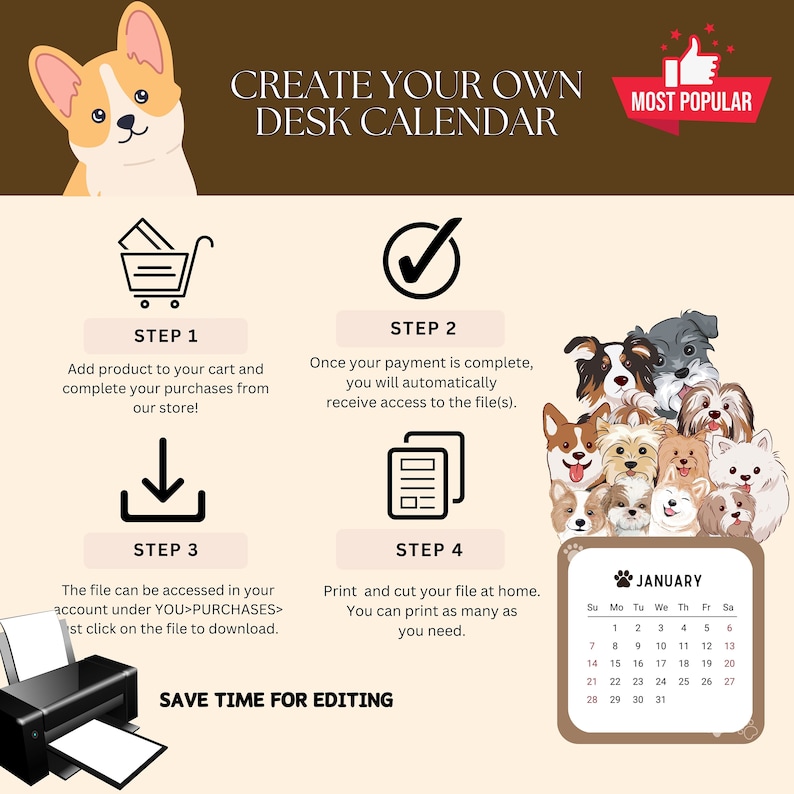 2024 Dog Desk Calendar Printable, 2024 Calendar, Mini Calendar