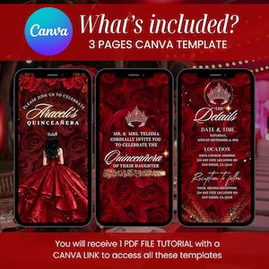 May include: A digital Canva template for a Quincea&ntilde;era invitation. The design features three smartphone mockups with a red rose background and gold accents. The text includes event details and the phrase "What's included?"