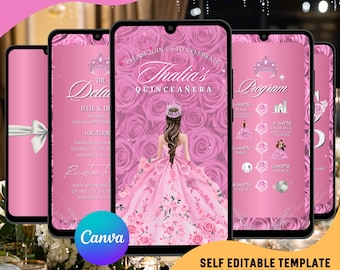 Pink Floral Quinceañera Video Invitation, Sweet 15 Quince Animated Evite (Editable Template)