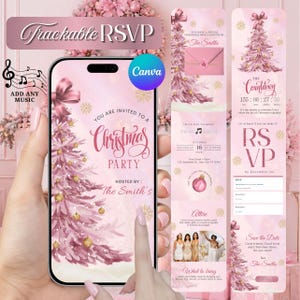 Könnte beinhalten: Eine digitale Weihnachtsparty-Einladung auf einem Smartphone-Bildschirm mit einem rosa Weihnachtsbaum, goldenen Ornamenten und Text, einschließlich "You are invited to a Christmas party," "Hosted by: The Smith's" und "Trackable RSVP."