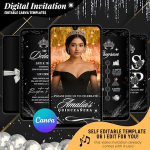 Black & Silver Floral Quinceañera Video Invitation: Editable Canva Template