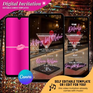 Invitación de video de cumpleaños de "A Tini Bit Older". Invitación digital para cena de fiesta de Pink Martini para mujeres. Elegante invitación animada de cóctel para damas y chicas.