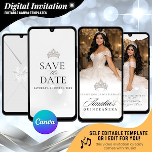Pode incluir: Modelo de convite digital exibido em smartphones. O design inclui o texto "Save the Date" e "Amalia's Quinceañera". A imagem também apresenta um logotipo Canva e o texto "Self Editable Template or I Edit for You!"
