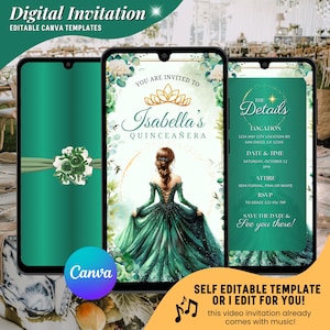 Quinceañera Invitation, Emerald Green Sweet 15 Video Invites, Digital Mis Quince Anos Birthday Digital Invite, Elegant 15th Birthday E-Vite