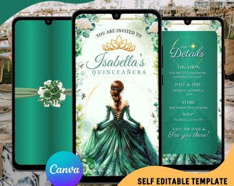 Pode incluir: Modelo de convite digital para uma quinceañera, exibido em três smartphones. O design apresenta um esquema de cores verde e dourado, com o texto "Isabella's Quinceañera" e os detalhes do evento. O logotipo da Canva é visível.