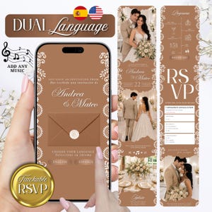 May include: A digital wedding invitation displayed on a smartphone screen with a brown background, white floral borders, and text in English and Spanish. The interface features photos of a couple, an envelope icon, and buttons for language selection.