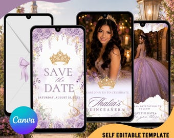 May include: A digital invitation template set for a Quinceañera featuring purple roses, gold crowns, and elegant script text. The designs include Save the Date and celebration details, displayed on smartphone screens with editable Canva layouts.