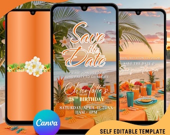 May include: Digital invitation template for a luau party, featuring a tropical beach scene. The design includes the text "Save the Date" and event details. The invitation is self-editable or can be edited by the seller.