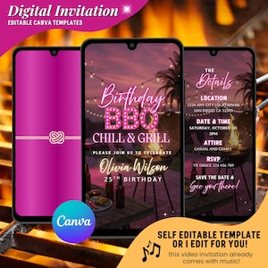 Invitación de video para barbacoa de cumpleaños, invitación digital para fiesta al aire libre de niñas, invitaciones animadas para fiesta en el patio de niñas, invitación de cumpleaños rosa neón para niñas