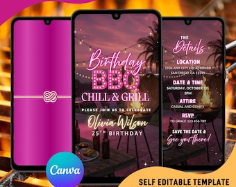 Birthday BBQ Video Invitation, Outdoor Backyard Party Evites : Editable Canva Template