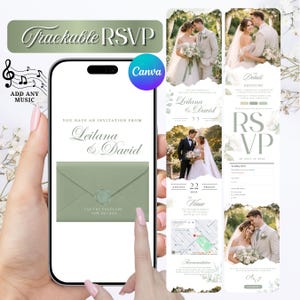 Puede incluir: Un smartphone muestra un diseño de invitación de boda con el texto "Trackable RSVP" y "Leilana & David." El diseño incluye imágenes de una pareja, detalles de RSVP y un mapa. El logotipo de Canva es visible.