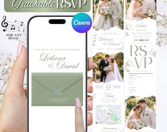 Sage Green Wedding Website Invitation, Trackable RSVP, with Music, All text Editable : Instant Download