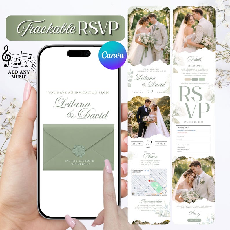 Pu&ograve; includere: Uno smartphone mostra un design di invito a nozze con il testo "Trackable RSVP" e "Leilana & David." Il design include immagini di una coppia, dettagli RSVP e una mappa. Il logo Canva &egrave; visibile.