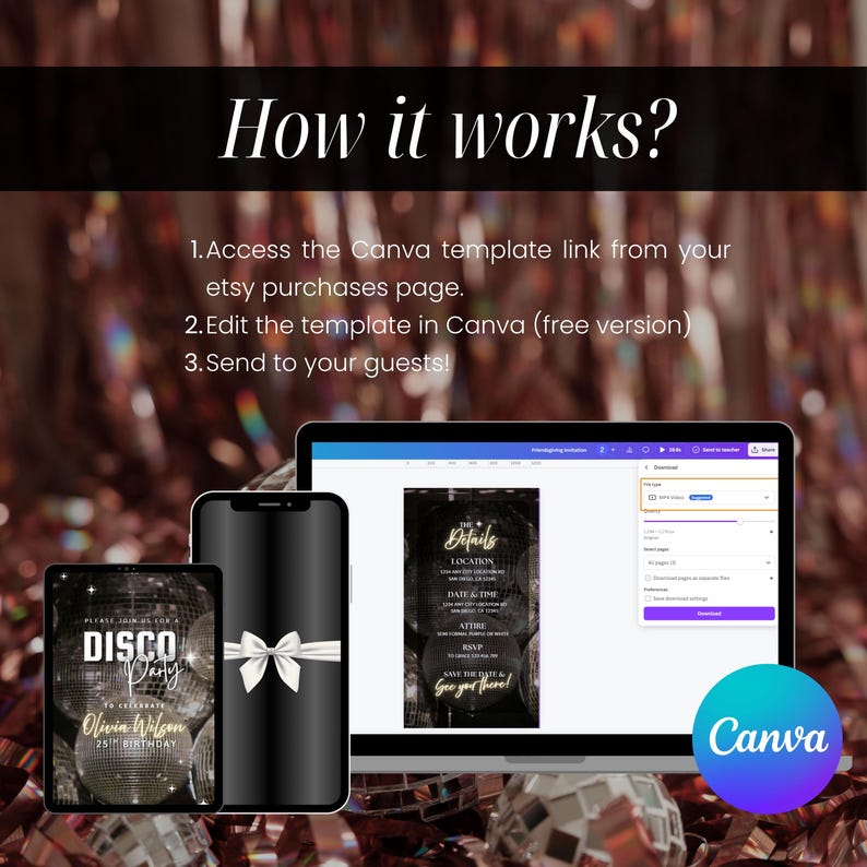 Op de afbeelding: Een digitale mockup die laat zien hoe je een Canva-sjabloon kunt gebruiken voor een disco-party-uitnodiging. Het sjabloon heeft een zwart en gouden ontwerp met een discobal en de tekst "Disco Party". De afbeelding toont ook een telefoon, een tablet en een laptop met de geopende Canva-website.