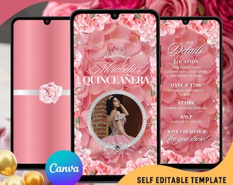 Blush Pink Quinceañera Video Invitation, Animated Sweet 16 (Canva Template)