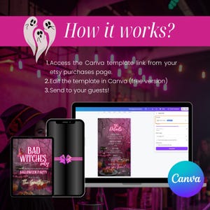 May include: A digital design for a Halloween party invitation, displayed on a tablet, phone, and laptop. The invitation features the text "Bad Witches Only" and "Halloween Party". The laptop screen shows the Canva interface. The image also includes the text "How it works?"