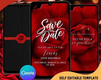 May include: Digital invitation template featuring a red rose design. The invitation includes the text "Save the Date" and event details. The design is available as an editable Canva template.