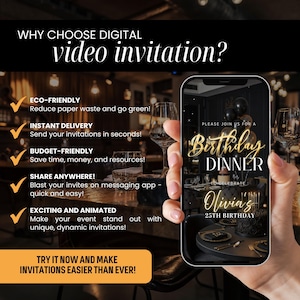 May include: A smartphone displays a digital birthday dinner invitation. The invitation features gold script and black balloons. Text on the image promotes eco-friendly, instant delivery, budget-friendly, and shareable digital invitations.