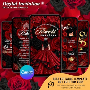 May include: Digital invitation template featuring a red and black rose design. The invitation includes event details, such as date, time, and location, displayed on smartphone screens. The text reads "Digital Invitation" and "Editable Canva Templates."