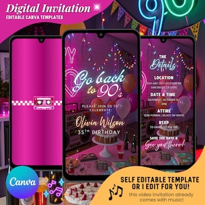90&#39;s Theme Birthday Video Invitation, Go Back to 90&#39;s Animated Invites, Neon Pink Party Girls Birthday Evites, Editable DIY Birthday Invites