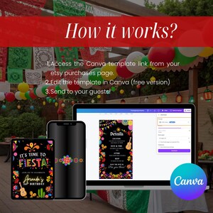 Puede incluir: Una plantilla de invitaci&oacute;n digital que se muestra en una computadora port&aacute;til, tableta y tel&eacute;fono inteligente. La invitaci&oacute;n presenta un tema de fiesta colorido con el texto "It's Time to Fiesta!" y "Amanda's 20th Birthday." El logotipo de Canva es visible.