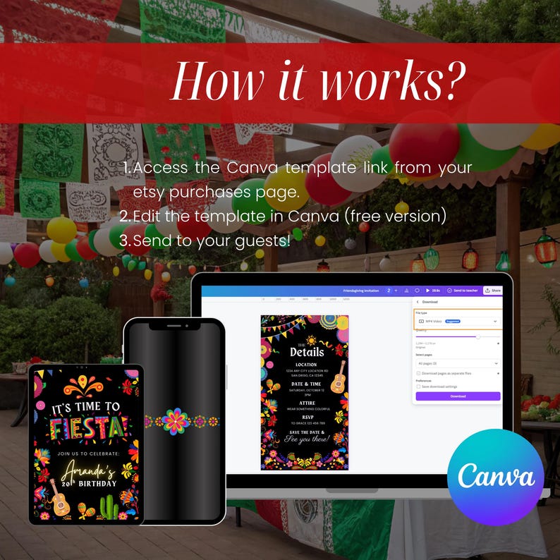 Puede incluir: Una plantilla de invitaci&oacute;n digital que se muestra en una computadora port&aacute;til, tableta y tel&eacute;fono inteligente. La invitaci&oacute;n presenta un tema de fiesta colorido con el texto "It's Time to Fiesta!" y "Amanda's 20th Birthday." El logotipo de Canva es visible.