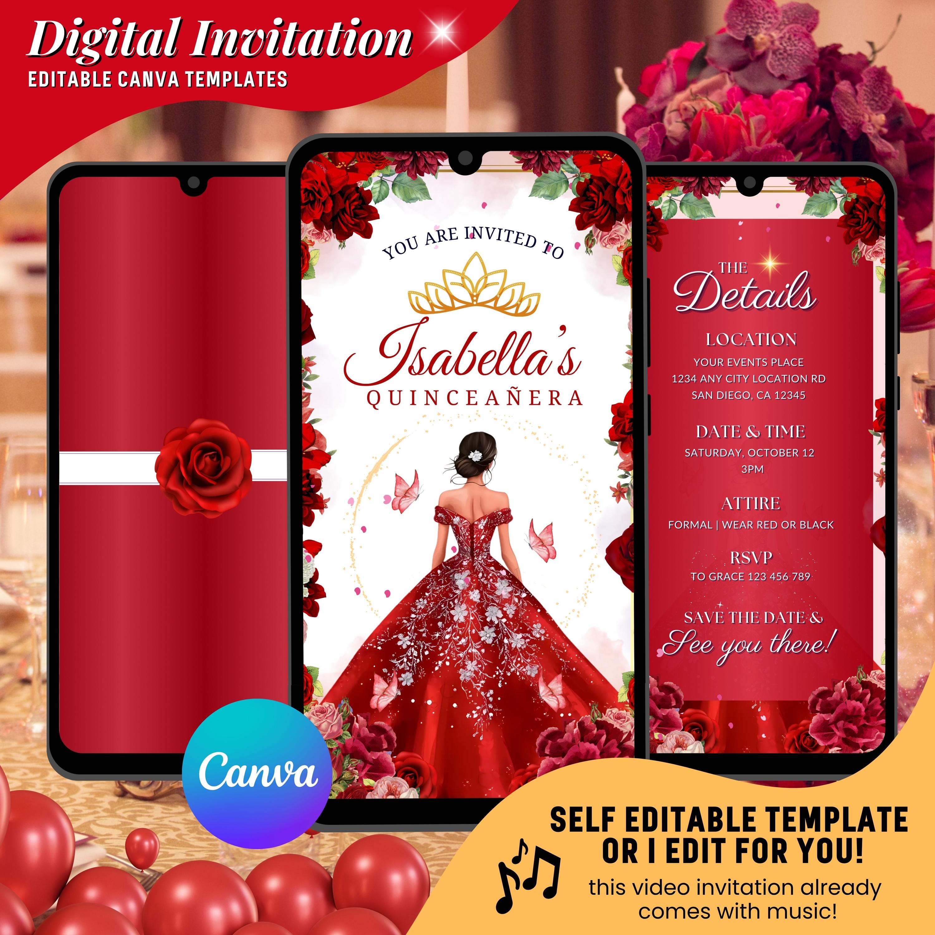 Quinceañera Invitation, Red Sweet 15 Video Invitation, Digital Mis Quince Anos Birthday Digital Invite, Elegant Floral 15th Birthday EVite