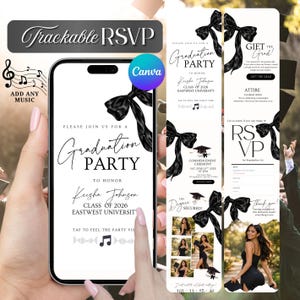 May include: A graduation party invitation design displayed on a smartphone screen, featuring elegant script and a black bow. The design includes event details, RSVP information, and the text "Trackable RSVP".