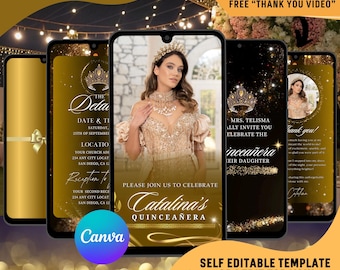 Elegant Gold Quinceañera Video Invitation, Animated Birthday EVite (Canva Template)