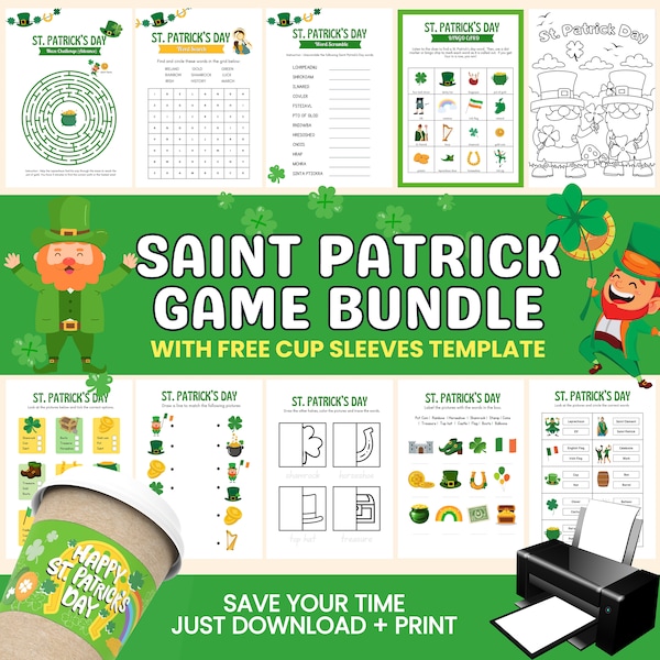 St Patrick's Day Game Bundle, Saint Patrick Activity Sheets for Kids, Kids Party Game, Printable St. Patricks Activity, Digital Download