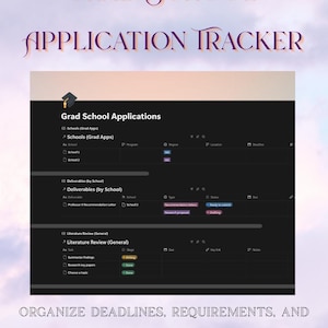 May include: A digital grad school application tracker with a dark theme. The text "GRAD SCHOOL APPLICATION TRACKER" is at the top. The tracker organizes deadlines, requirements, and applications. The text "ORGANIZE DEADLINES, REQUIREMENTS, AND APPLICATIONS IN ONE PLACE" is at the bottom.