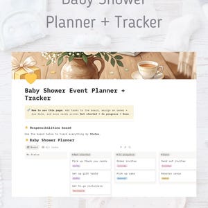 Könnte beinhalten: Eine digitale Babyparty-Planungs- und Tracking-Vorlage mit einem Aufgabenboard, das Spalten für Not started, In progress und Done enthält. Die Benutzeroberfläche umfasst Bereiche für Verantwortlichkeiten und Aufgabenverwaltung mit Labels für Geschenke, Einladungen, Dessert und Veranstaltungsort.