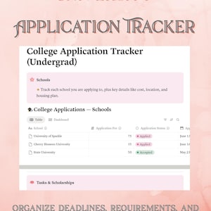 Könnte beinhalten: Eine digitale Vorlage zur Verfolgung von Universitätsbewerbungen mit einer Tabelle, die Spalten für Schulnamen, Bewerbungsgebühren, Status und Daten enthält. Der Text lautet University Application Tracker, College Application Tracker (Undergrad), Schools, College Applications - Schools und Tasks & Scholarships.