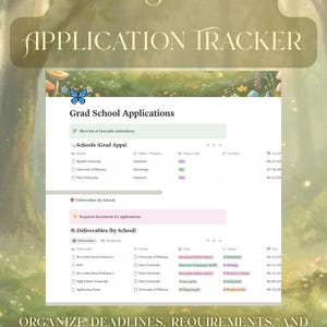 May include: A digital grad school application tracker template featuring tables for schools and deliverables. The interface includes columns for school names, majors, degree types, locations, and deadlines, with status tags for submitted, waiting, and needs review.