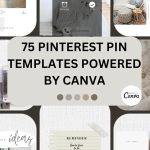 Könnte beinhalten: Eine Collage aus Bildern mit verschiedenen Designvorlagen für Pinterest-Pins. Die Vorlagen wurden in Canva erstellt und zeichnen sich durch eine Vielzahl von Farben und Stilen aus. Der Text "75 Pinterest-Pin-Vorlagen, die von Canva unterstützt werden" wird in der Mitte der Collage angezeigt.
