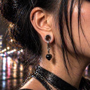 Batbound Chain Heart #1 — Gothic Punk Zebra Agate Tunnel Hangers