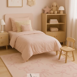 Hand Tufted Pink Bow Rug, NZ Wool Area Rugs For Livingroom Bedroom Kitchen Nursery Entryway Office 5X8 6X9 8X10 9X12