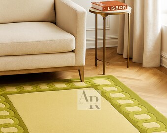 Link Border Tufted Wool Rug: Ivory & Sage Green, Modern Border