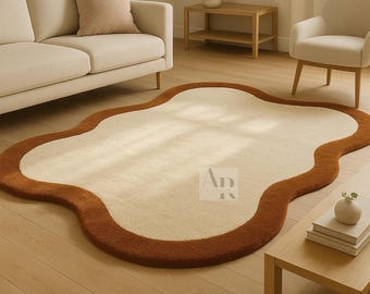 Irregular Modern Tufted Wool Rug: Sand & Mocha, NZ Wool, 5x8-9x12