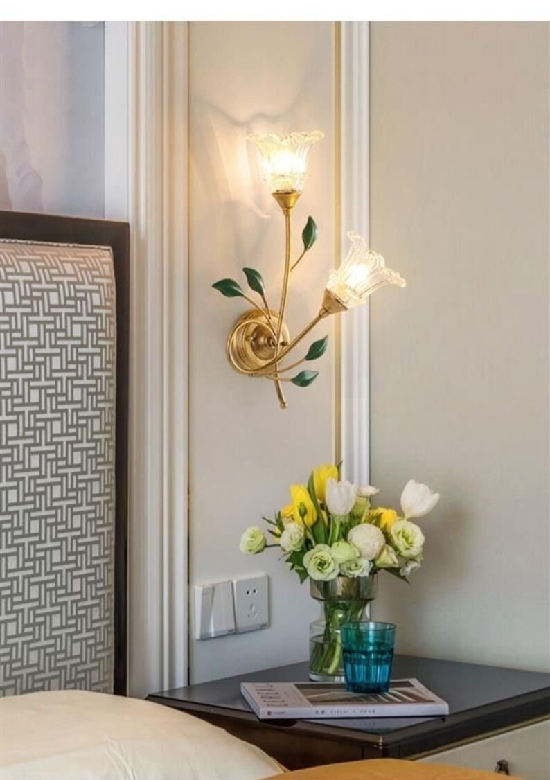 Gold Flower Wall Sconce Lamp Bedside Floral Wall Light Etsy