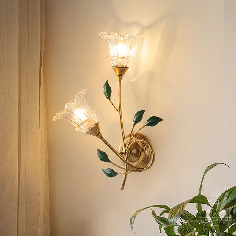 Gold Flower Wall Sconce Lamp Bedside Floral Wall Light Etsy